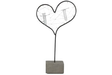 Herz aus Metall auf einem Stein aus Beton mit 2 kleinen Vasen an Drähten, 47 cm hoch